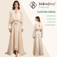 Robe longue fluide en mousseline abricot chic pour femme, à manches longues, avec col noué et ceinture à la taille, idéale pour soirée, demoiselle d'honneur, mariage, vente en gros