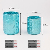 LANGXU Crystal Opaque Blue geprägtes Gefäß Champagner Deluxe Hurricane Container Ins verzinnt 13,5 Unzen Ripple Glass Candle Jar