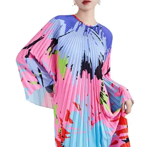 Fabrika Outlet Polyester kadın renkli Batwing kollu artı boyutu pilili yuvarlak boyun Robe Midi uzunluk kadınlar elbise