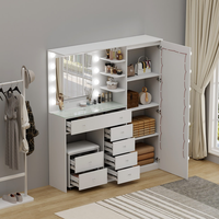 Ensemble table de maquillage moderne en MDF rose coiffeuse à 13 tiroirs miroir sur pied éclairé par LED pour la chambre à coucher et le salon