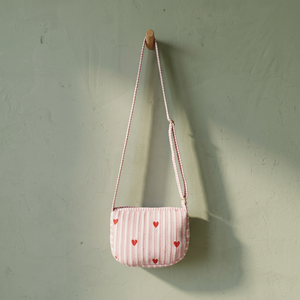 Bolso Bandolera de Algodón a Rayas con Apliques de Corazones Rojos, Correa Única, para Uso Diario, Moda Femenina, Venta al Por Mayor - Product Image 2