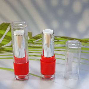 Custom Logo Hot Stamped <b>Plastic</b> Lipstick Tube with Red Base Clear Cap <b>Square</b> Design 3-4g Capacity Empty <b>Container</b> - Product Image 1
