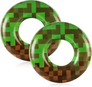 2 Pack Pixel Grass Block Themed <b>Inflatable</b> Swim Rings for Pool Beach - Product Image 1