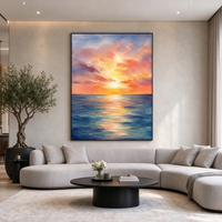 Grande Peinture Océanique Coucher de Soleil, Œuvre d'Art à l'Huile à l'Impasto Épais, Décoration Murale sur Toile Thème Plage et Côte, Décoration Moderne pour Entrée Paysage Marin au Coucher de Soleil