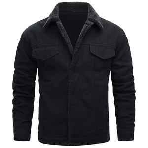 Veste en jean noire pour homme, doublure sherpa, boutonnée, décontractée, coupe droite, coupe-vent, couleur unie, 100 % coton, délavage acide - Product Image 1
