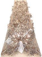NI.A Dentelle de luxe en filet brodée à la main 3D avec appliques florales, strass, perles et paillettes pour la décoration de traîne de robe de mariée