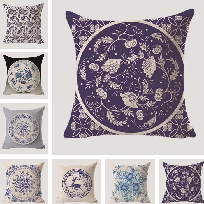 Fundas de almohada decorativas de algodón, serie China tradicional azul y blanca, el mejor precio, 2022