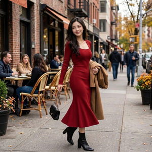 เดรสไหมพรมคอเหลี่ยมสีแดงสุดหรู แขนยาว ทรงเข้ารูป ติดกระดุม ความยาวปานกลาง สำหรับผู้หญิง ฤดูใบไม้ร่วง - Product Image 3