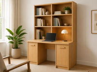 Bureau d'étude moderne en contreplaqué finition chêne avec étagère intégrée, table d'apprentissage pour bureau à domicile, armoire de rangement
