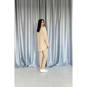 ชุดเสื้อเชิ้ตและกางเกงผ้าฝ้ายสีเบจสำหรับผู้หญิง ระบายอากาศได้ดี เหมาะสำหรับใส่ลำลอง - Product Image 1