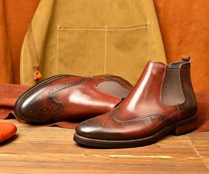Nuevas Botas <span class=keywords><strong>Chelsea</strong></span> Brogue con Grabado para Hombre, Estilo Retro, de Media Caña, Sin Cordones, de Cuero Vacuno Genuino, para Otoño/Invierno - Product Image 5