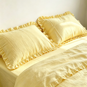 Set Copripiumino <span class=keywords><strong>Elegante</strong></span> in Cotone Lavato Traspirante 200T, Giallo Tinta Unita, 4 Pezzi con Bordo in Pizzo a Doppio Overlock - Product Image 3