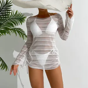 STOCK 3 colori manica lunga trasparente abito senza schienale Cover up 3 pezzi costume da bagno triangolo Top Basic Bikini