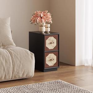 Vintage Style <b>Narrow</b> Bamboo Leaf Nightstand Dark Brown Wood <b>Storage</b> Cabinet For Bedroom - Product Image 3