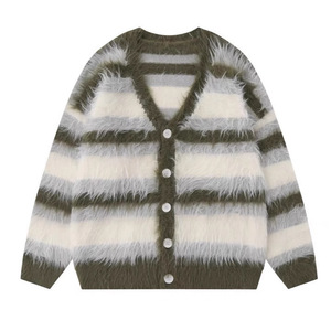 Women's Striped Mink Fur Knitted <b>Cardigan</b> Loose Fit Single Breasted Vintage Style Autumn Winter Sweater Coat - Product Image 1