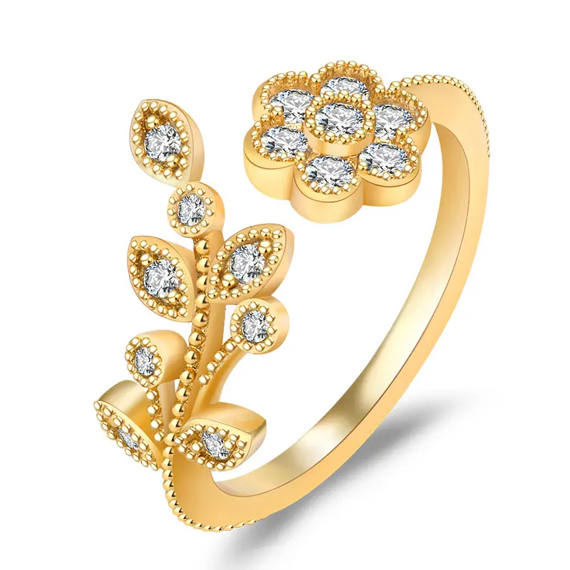 แหวนเพชรสวิสชุบทอง18K สำหรับผู้หญิงแหวนดีไซน์รูปใบไม้ประดับเพชรสังเคราะห์แหวนแฟชั่นประดับดอกไม้แบบเรียบง่ายแหวนปรับขนาดได้