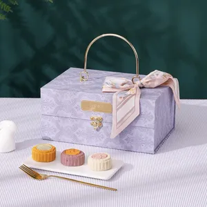 Kotak hadiah tas tangan makanan penutup liburan kue bulan mewah cetak mewah kualitas tinggi kotak hadiah kemasan kue bulan dengan pegangan