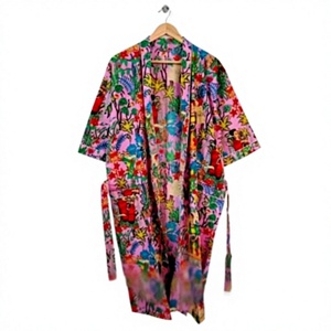 Bata Larga Estampada Floral para Mujer, Manga Corta, Informal, para Verano, de Algodón Suave, Estilo Kimono, Ropa de Dormir - Product Image 1