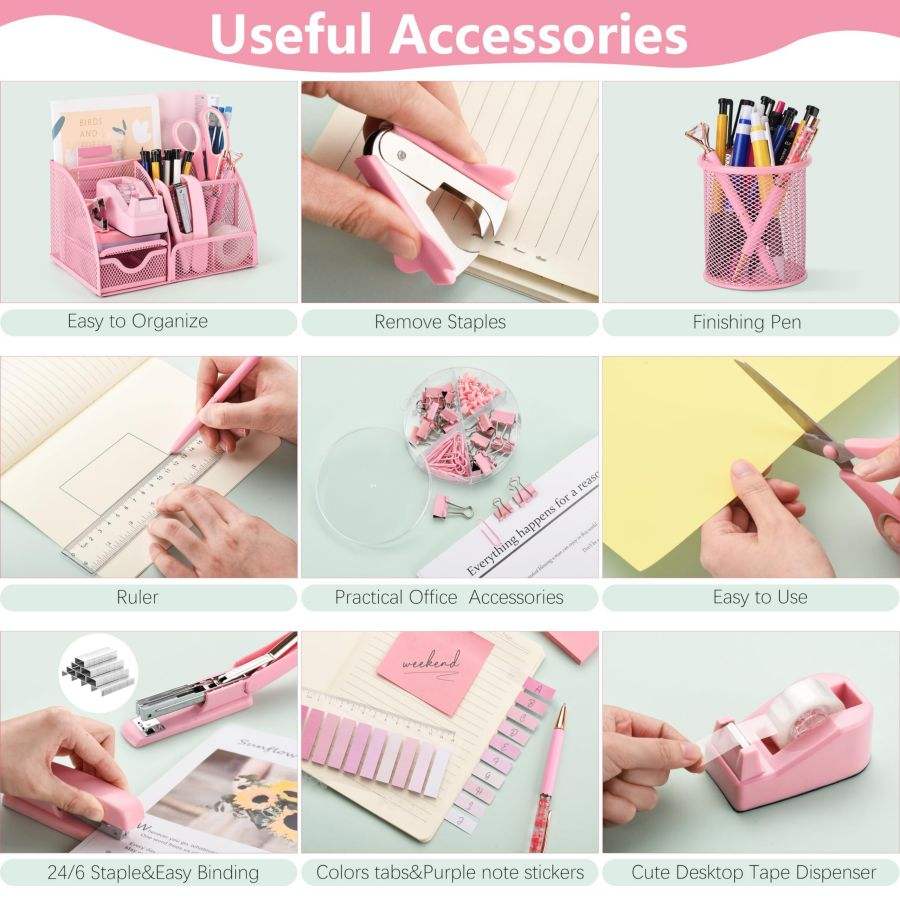 Custom Color Desk Organizer Set 11Pcs Pink Office Supplies Set Mesh ...