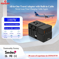 Adaptateur de voyage universel Foxcan GaN à charge rapide tout-en-un 4 Type-C + 1 USB-A QC3.0/PD 100W Câble AC rétractable Certifié FCC