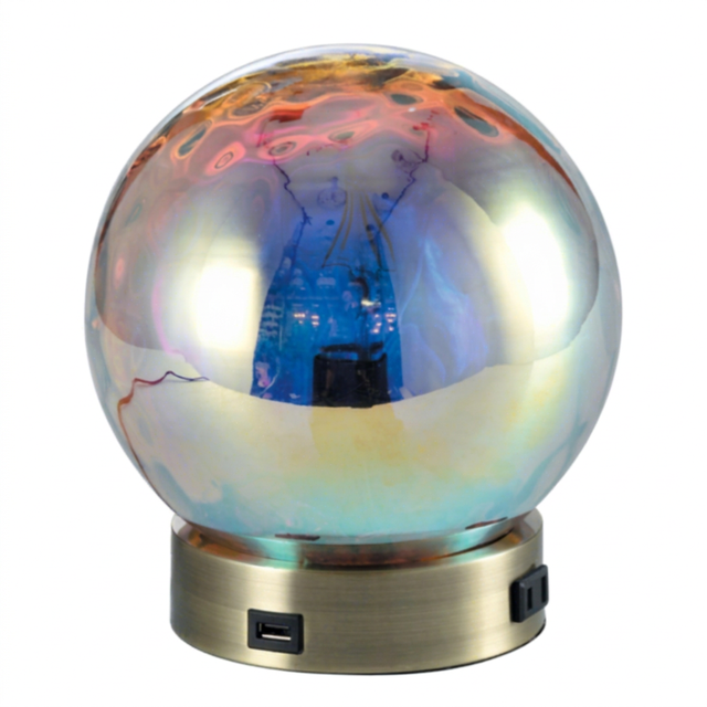 BKLT-EG10 Factory Iridescent Glass Sphere Shade E26 Table Lamp with USB Port AC Power Outlet for Reading Room