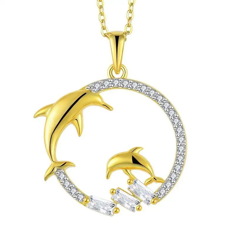 Fashion 925 Sterling Silver Lovely Dolphin Gold Plated Pendant Design Jewelry Necklace