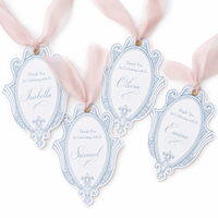 Étiquettes personnalisées découpées sur mesure en papier fantaisie pour mariage, cadre vintage, ruban en mousseline, œillet doré, estampage à chaud, noms personnalisés