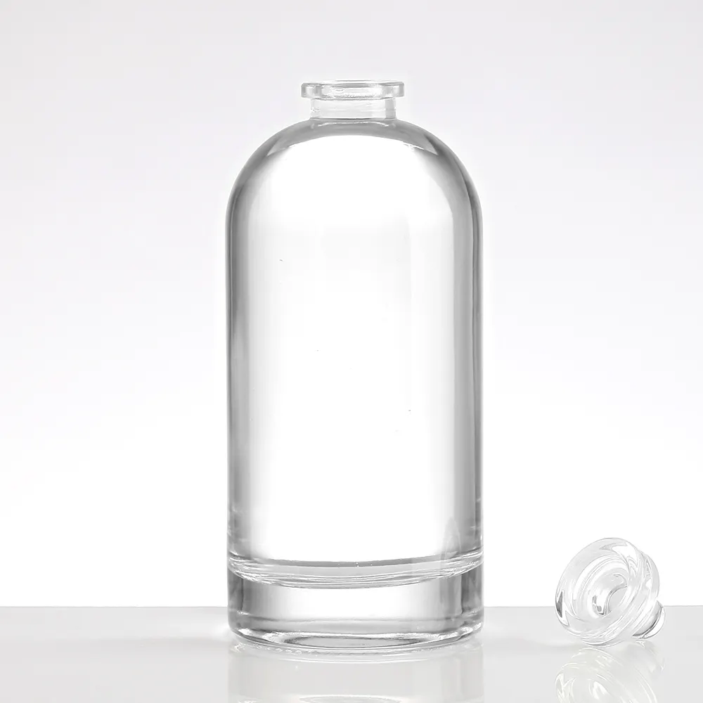 Bottiglia di vino bianco rotonda trasparente all'ingrosso di vendita calda bottiglia di liquori dal Design unico con bottiglia di Gin liquore di sughero