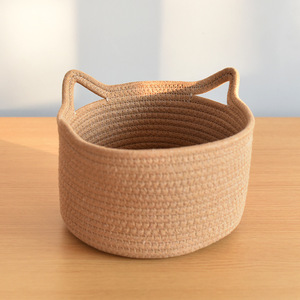 Handmade Woven Cat Ear Storage <b>Basket</b> Round 1-3L Desktop Organizer For Toys And Cosmetics - Product Image 4