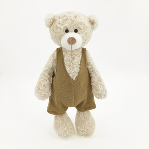 Custom Cream Plush Teddy Bear <b>Stuffed</b> Animal <b>Soft</b> Cuddly <b>Toy</b> With Brown Knitted Romper Overalls for Baby Birthday Gift - Product Image 1