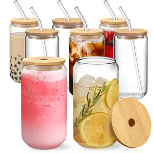 Factory Supplies 400ml/540ml high borosilicate Heat resistant Can Shaped Glass Cup with lid and straw