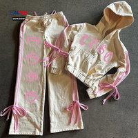 Ensemble de survêtement rayé personnalisé à lacets et fermeture éclair pour femme, ensemble deux pièces, vêtements pour femme, ensemble sweat à capuche court en polaire et pantalon de survêtement, vêtements Y2K