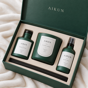 Coffret Cadeau Parfum d'Ambiance Aikun Personnalisé en Verre Vert avec Bougie Parfumée, Diffuseur à Bâtonnets et Spray d'Ambiance – Prise en Charge des Commandes en Gros OEM/ODM - Product Image 3