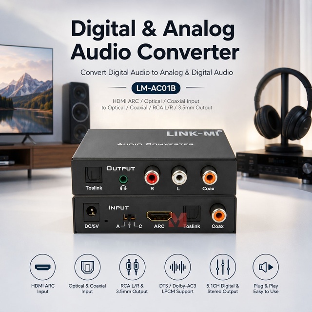 Toslink Coaxial Audio Converter HDMI ARC Audio Decoder Optical RCA Stereo Audio Converter for TV Speaker Amplifier
