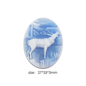 Hot Jewellery 27*35mm Natural Cameo Agate Engraved Gemstone Animal Reindeer Pattern Pendant Blue Agate Cameo for Jewelry Making