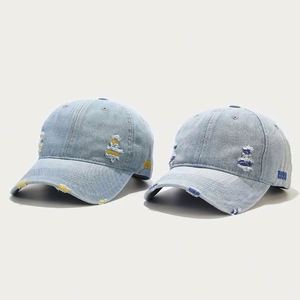 Wholesale Unisex Distressed Denim Baseball Cap Customized Logo Personalized Washed Vintage Light Blue Image Style Common <b>Hats</b> - Product Image 3