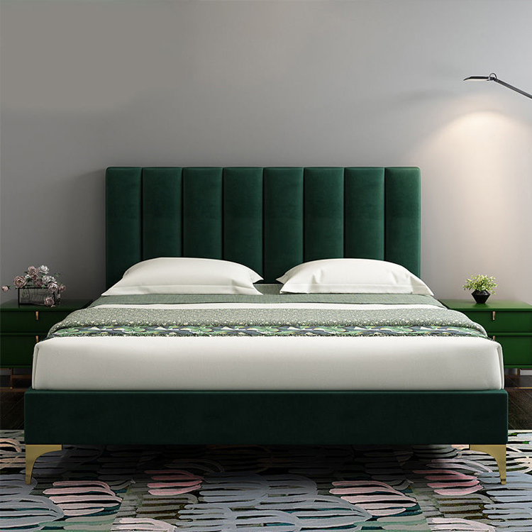 Modern Queen Size Bed Frame with Green and Gold Velvet