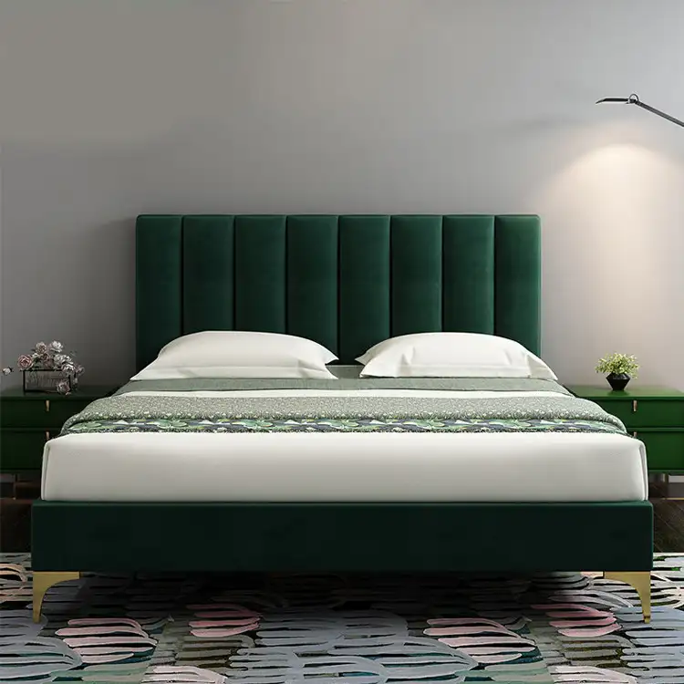 แผ่นผ้ากำมะหยี่,โครงเตียงขนาดควีนไซส์สีเขียวและสีทองสำหรับเฟอร์นิเจอร์ห้องนอนไม้หนา