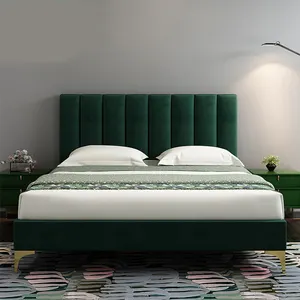 OEM מפעל ירוק וזהב מיטת קטיפה בד מודרני מלכת גודל מיטת מסגרת לחדר שינה ריהוט מוצק עץ לעבות מיטה פסיס