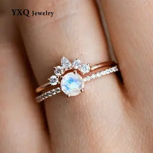 Drop Cutting Natural Rainbow Teardrop Moonstone Crystal S925 Sterling Silver Couple Adjustable Open Ring Jewelry Women