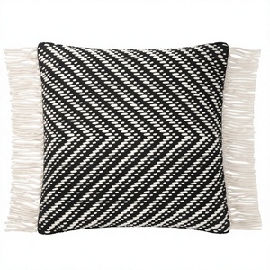 Geometric Pattern Embroidered <b>Throw</b> Pillow Square Black <b>White</b> Bohemian Style Fringe Edges Washable Textile Cover Non-Toxic - Product Image 1