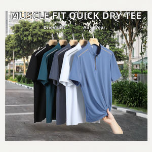 เสื้อยืดกีฬาแขนสั้นผู้ชายแบบซิปครึ่งตัว แห้งเร็ว สีพื้น สำหรับออกกำลังกายฤดูร้อน ทรงปกติ ผลิตจากโพลีเอสเตอร์ - Product Image 2