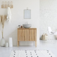 Ensemble de meuble-lavabo de salle de bain avec porte à lattes en bois naturel personnalisé, lavabo simple, autoportant, en bois massif, design à porte à lattes