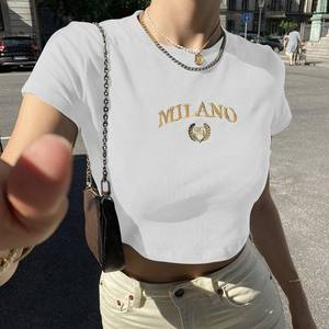 Summer Black Sexy Women's T-shirt Clothes Short Sleeve Casual Crop Top Letter Embroidery T Shirt Female O-Neck Cropped Tops - Product Image 4