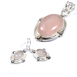 Rose Quartz 925 Sterling Silver Pendant Earrings Jewelry Set With Elegant Handmade Design For Women Wholesale Fashion - Product Image 1