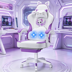Silla Gamer Económica con Diseño de Gato Adorable y Función de Masaje - Silla Ergonómica de Cuero PU Lila y Blanco para Chicas Adolescentes - Product Image 1