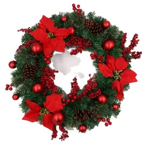 Wholesale christmas wreath christmas red flower wreath door hanging ornament home decoration supplier