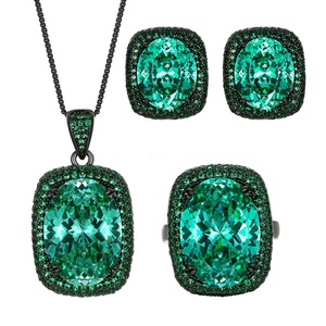 Fashion Jewelry Eco-friendly Copper Black Gold Plated 13*18MM Paraiba <b>Emerald</b> Green Zircon Pendant Necklace Earrings Set - Product Image 1
