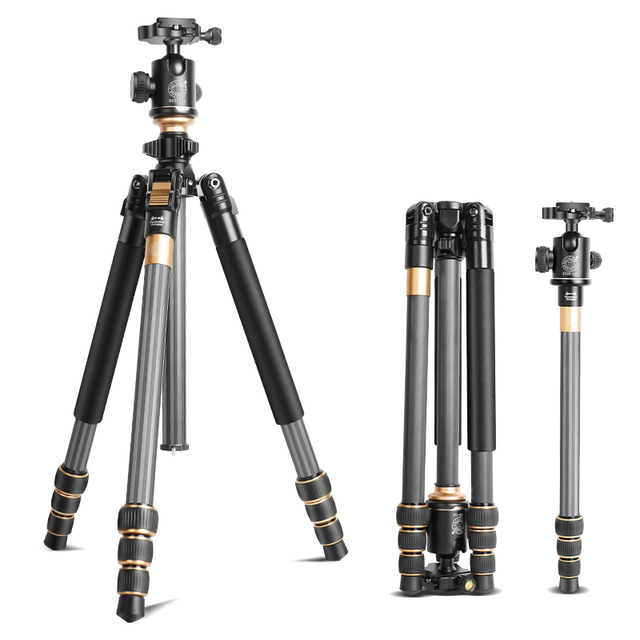 QZSD Q6664C Professional Carbon Fiber Tripod Monopod Portable Folding Telescope Camera Stand Fluid Head for Video Box Included
