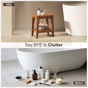 Tabouret de salle de bain en teck Ruoyi 14x16.5x9.8 pouces, double couche avec étagère de rangement, siège de douche imperméable - Product Image 4